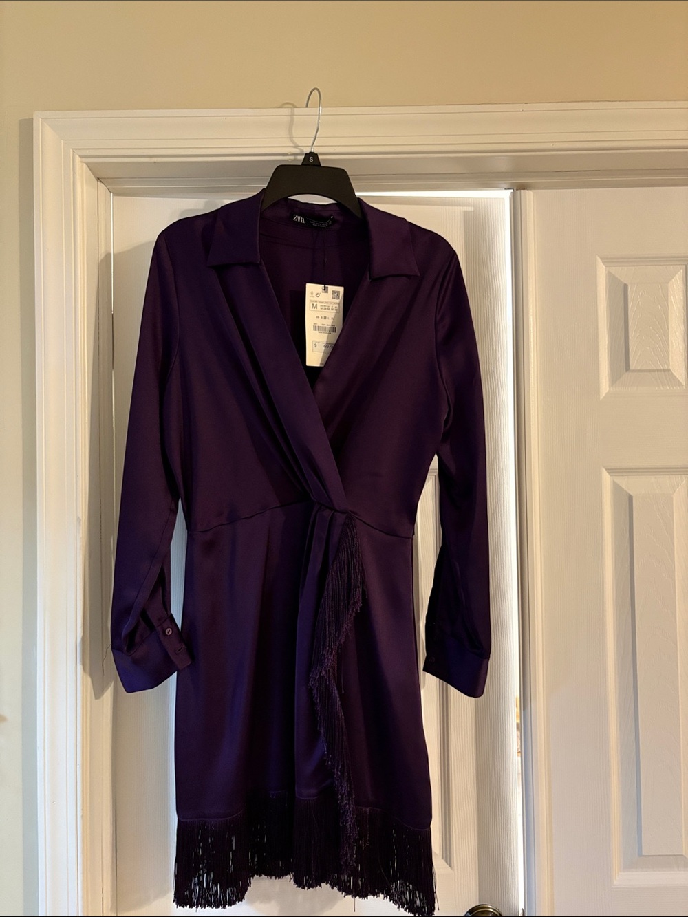 Zara Deep Purple Long Sleeve Wrap Dress with Fringe